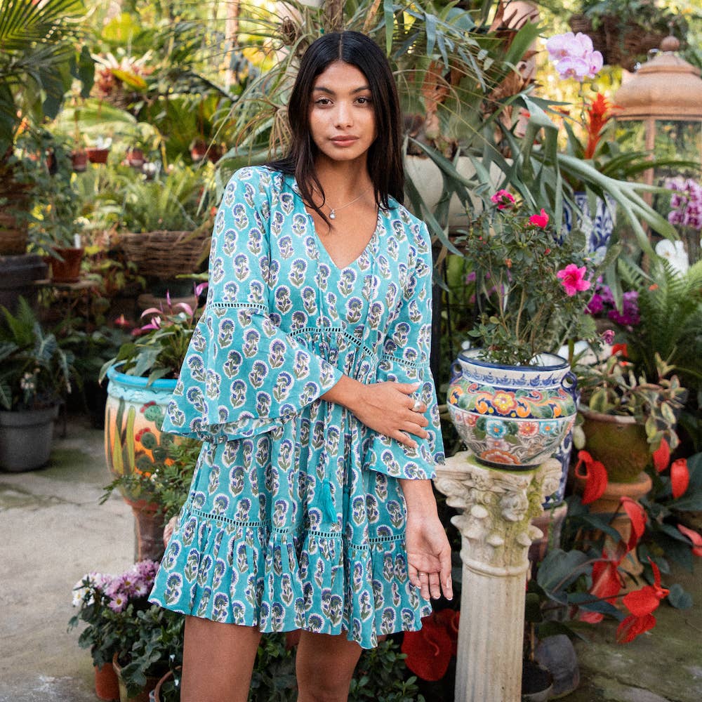Block Printed Flared Sleeve Mini-Dress with Lace (Manah)