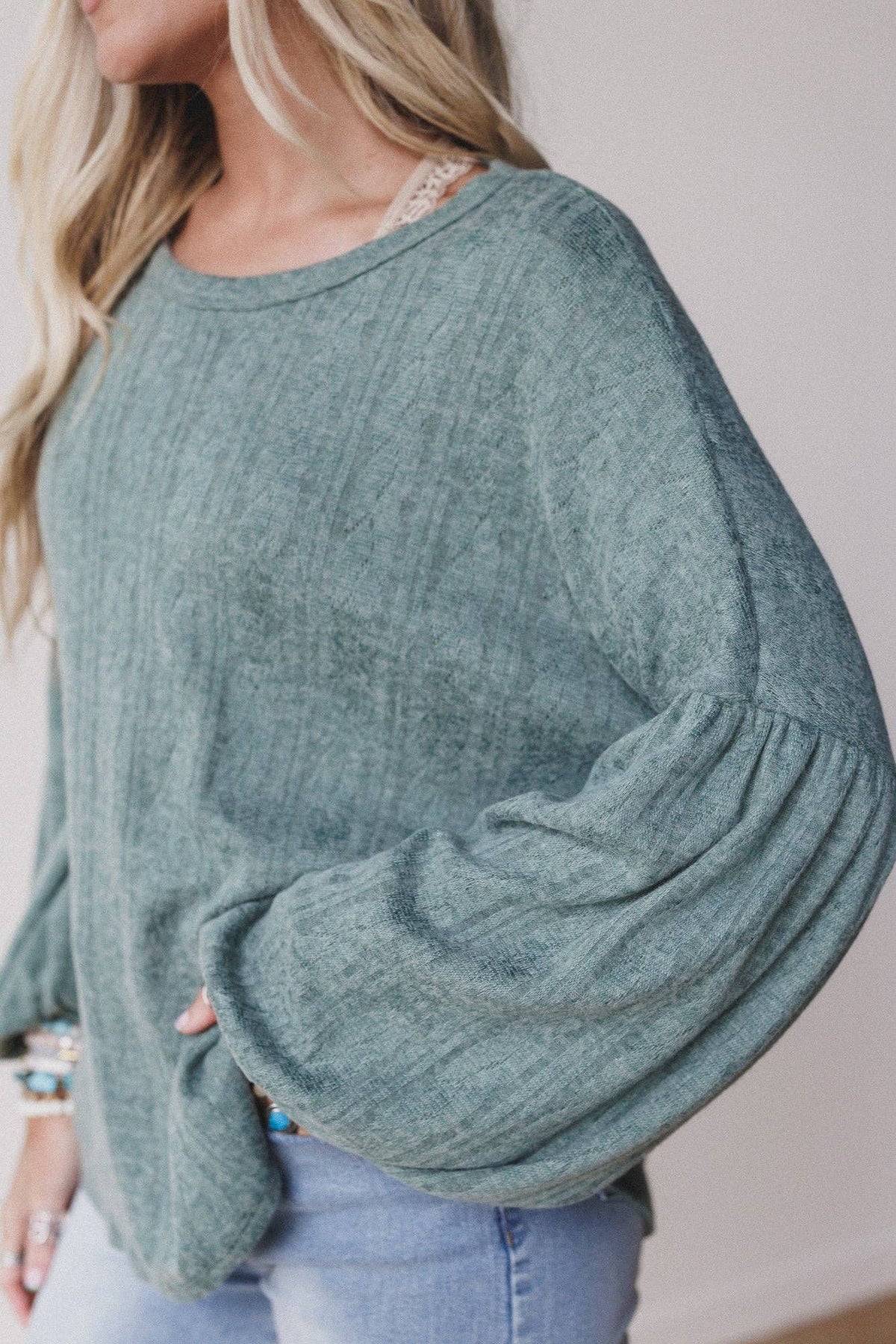 Sweet Heart Balloon Sleeve Knit Sweater - Olive