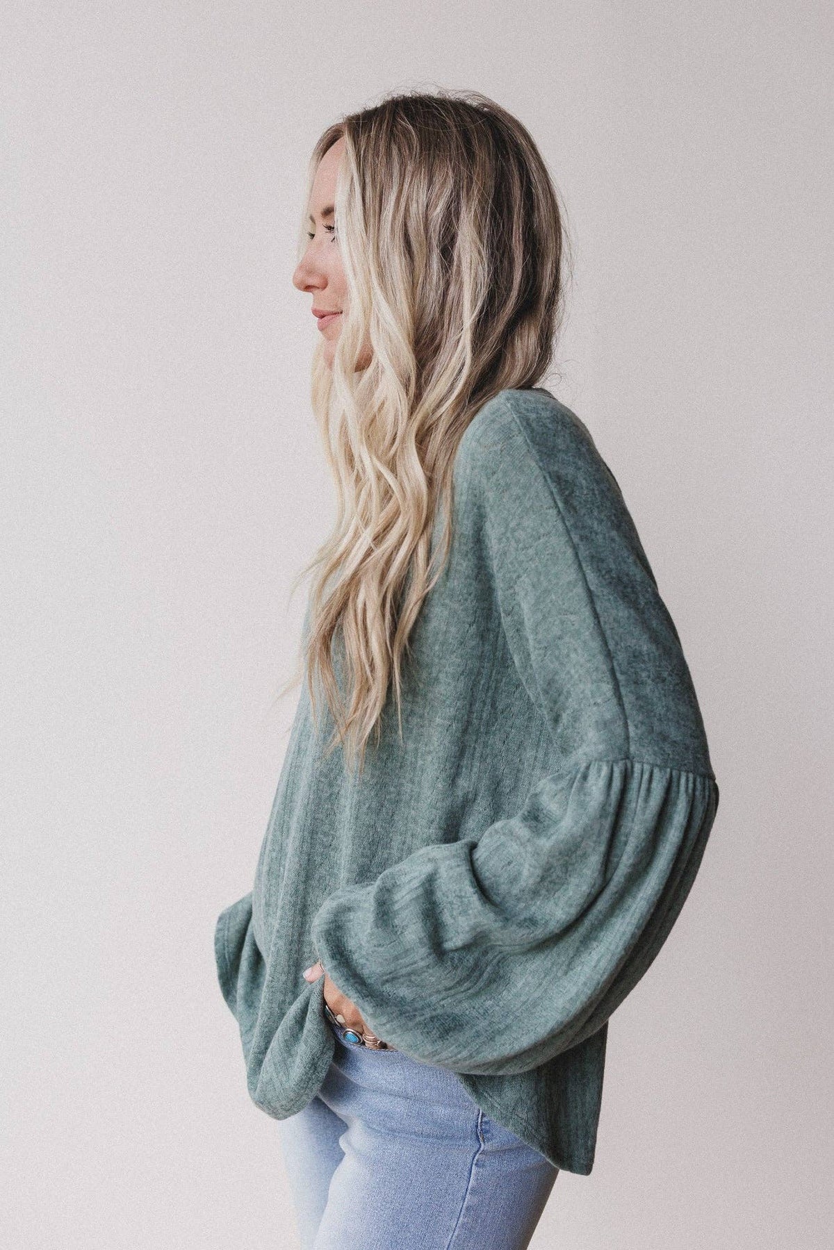 Sweet Heart Balloon Sleeve Knit Sweater - Olive