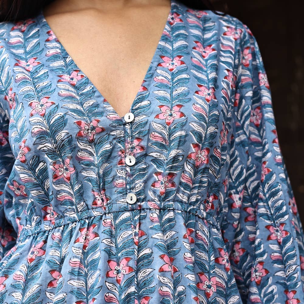 Block Printed Cotton Ruffle Sleeve Dress (Avni)