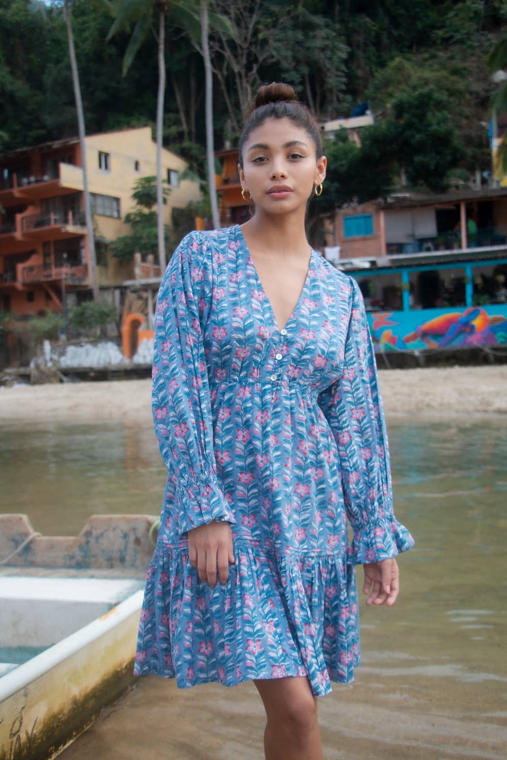 Block Printed Cotton Ruffle Sleeve Dress (Avni)