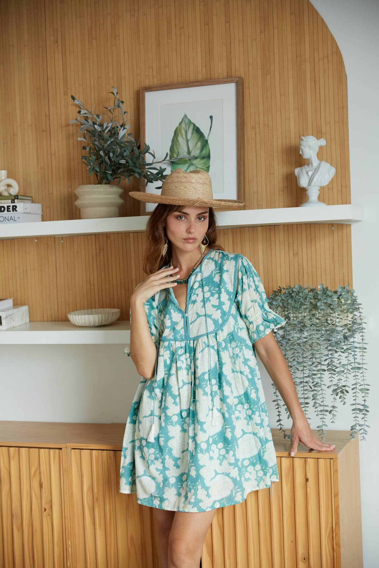 Block Printed Cotton Mini Dress with Puff Sleeves (Nanda)