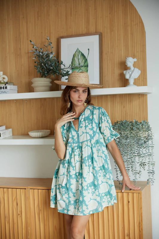 Block Printed Cotton Mini Dress with Puff Sleeves (Nanda)