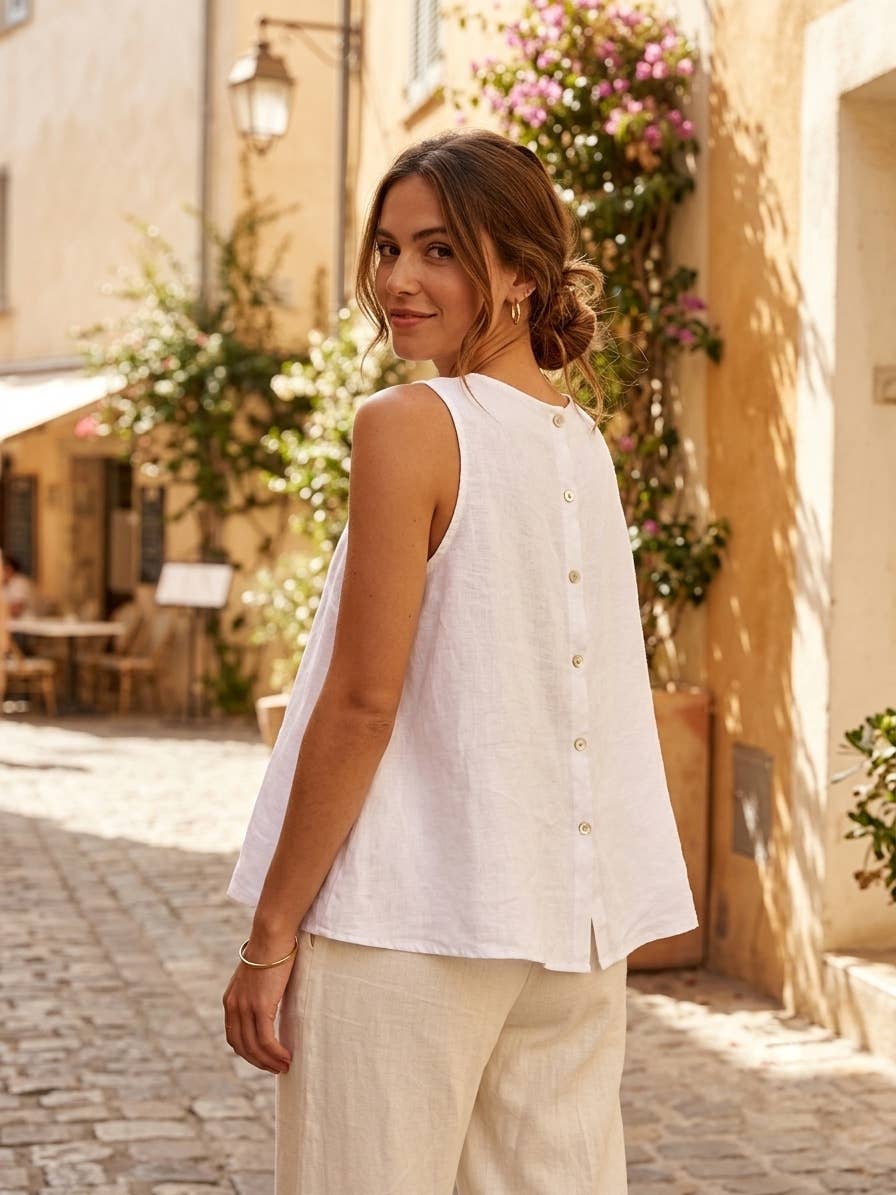 9925B REVERSIBLE VEST OR TOP, IN LINEN WITH MOTHER-OF-PEARL BUTTONS: GRIS FONCE