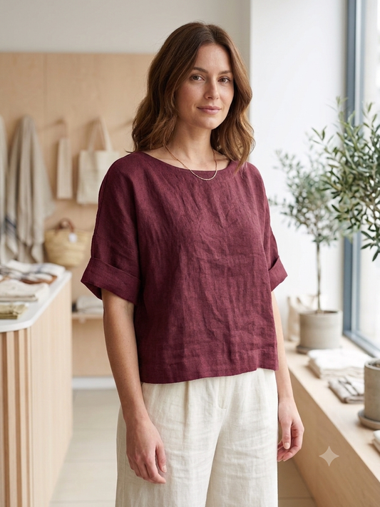 CROP TOP IN LINEN 50095: Bordeaux