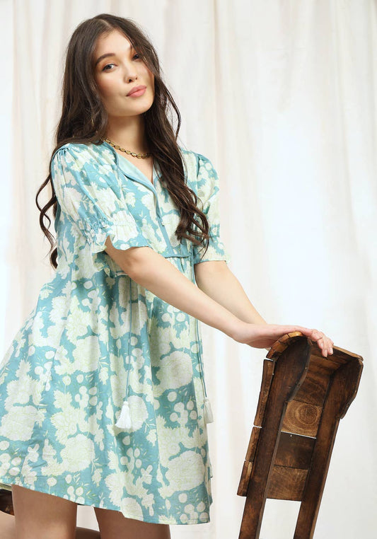 Block Printed Cotton Mini Dress with Puff Sleeves (Nanda)