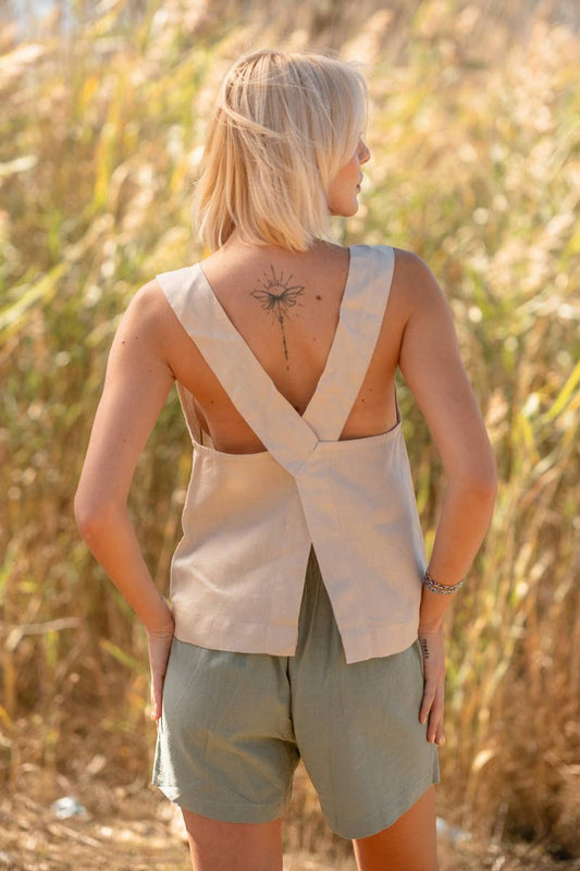 Linen Wide Strap Cross Back Tank Top in Tan