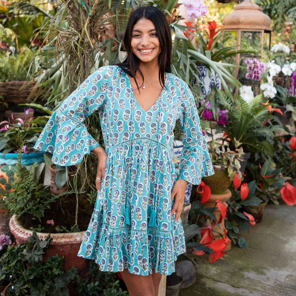 Block Printed Flared Sleeve Mini-Dress with Lace (Manah)