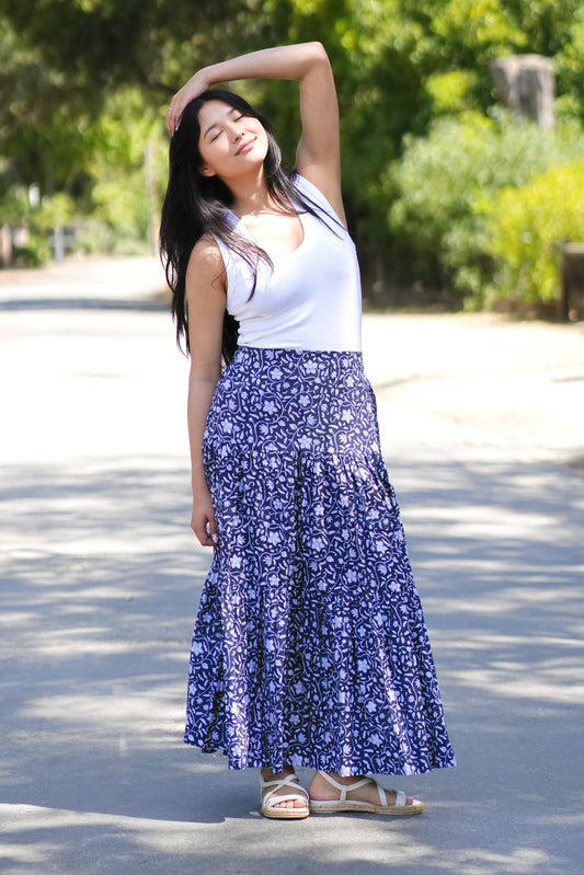 Block Printed Cotton Tiered Skirt-Black White 