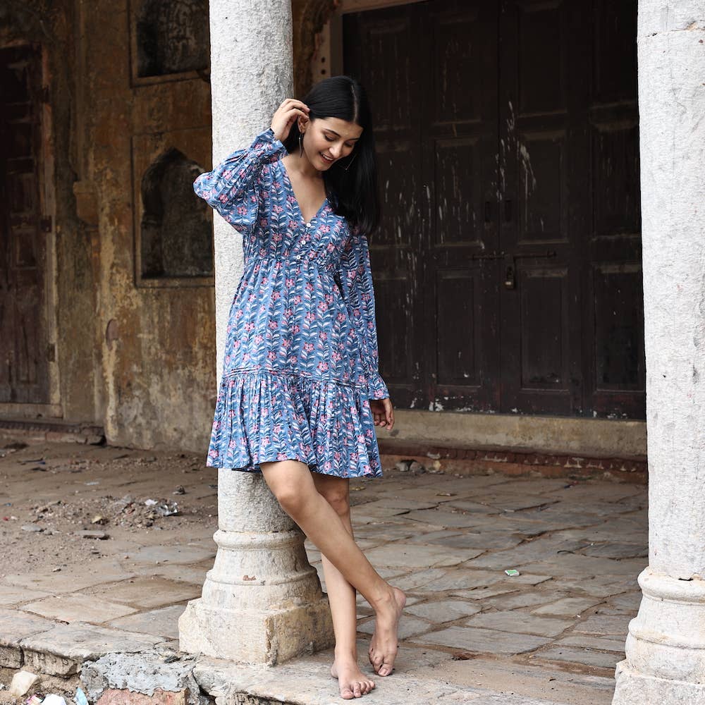 Block Printed Cotton Ruffle Sleeve Dress (Avni)