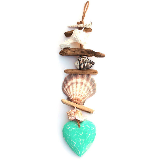 Nautical Aqua Heart Driftwood & Seashell Garland - Short