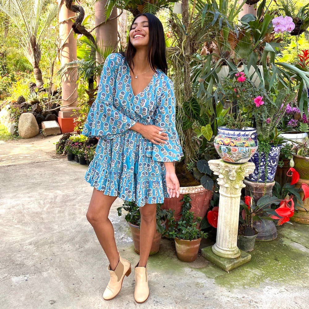 Block Printed Flared Sleeve Mini-Dress with Lace (Manah)