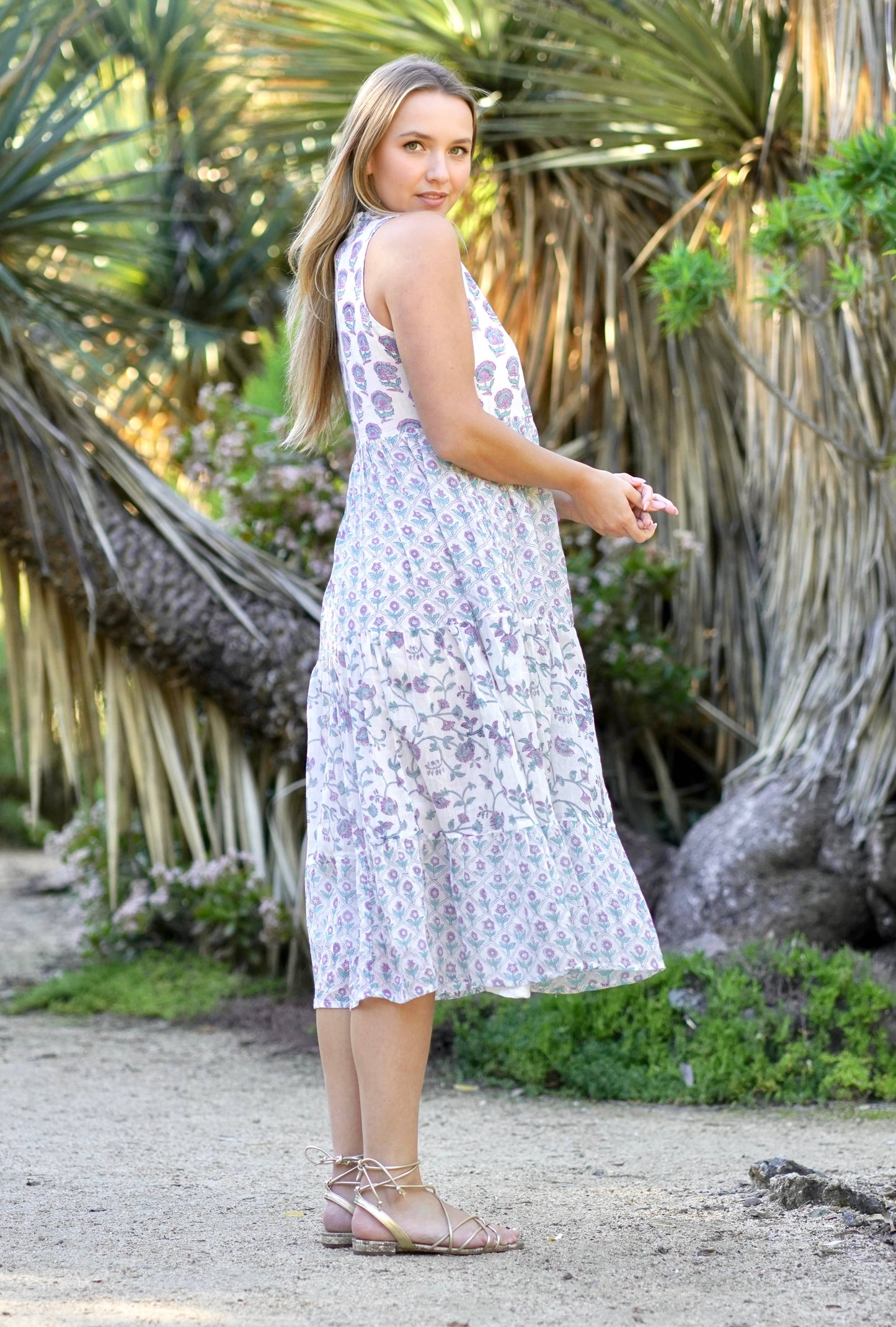 Nola Sleeveless Block Print Dress Lavender Teal