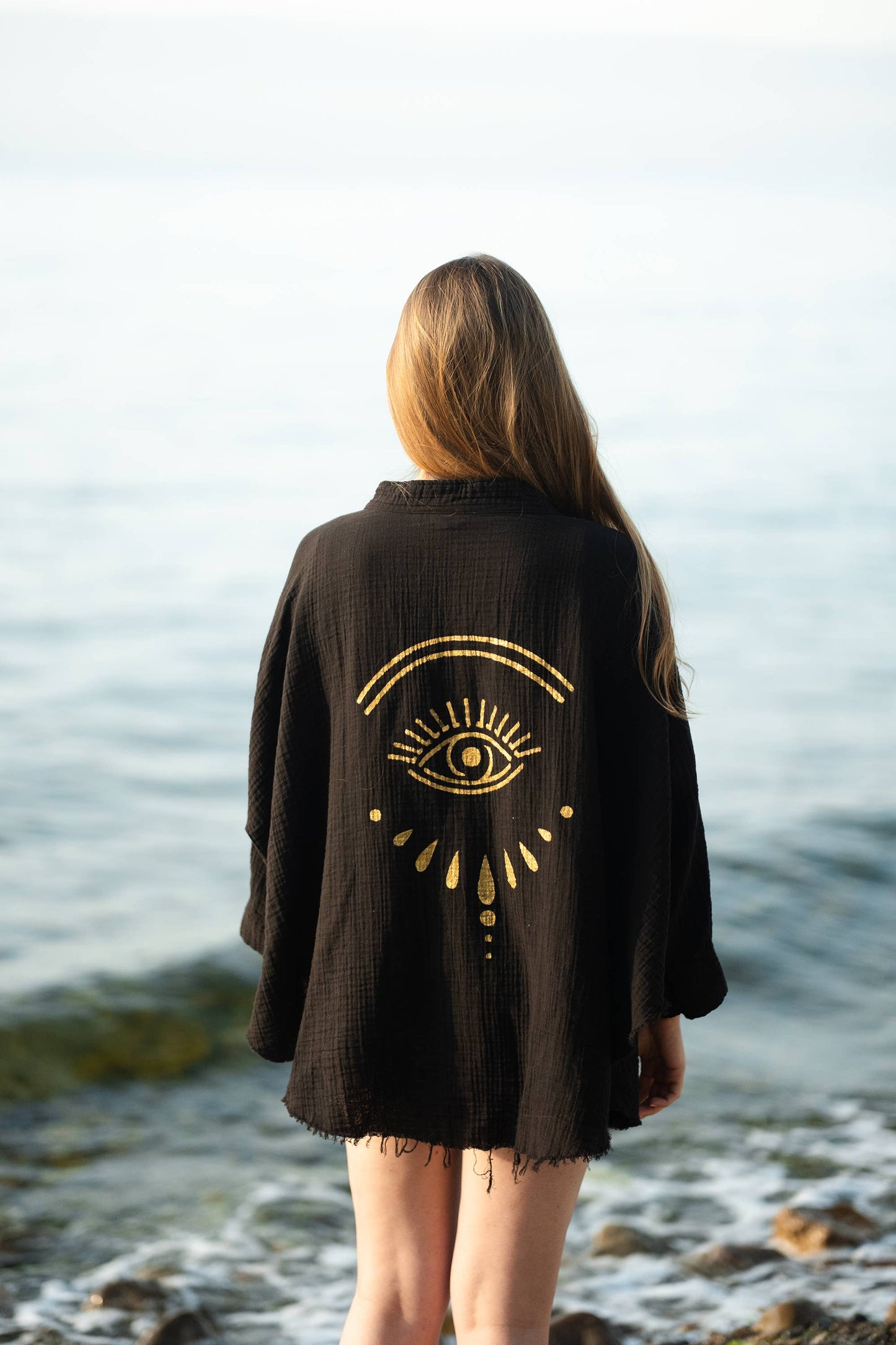 Green Evil Eye Muslin Kimono Robe / Poncho