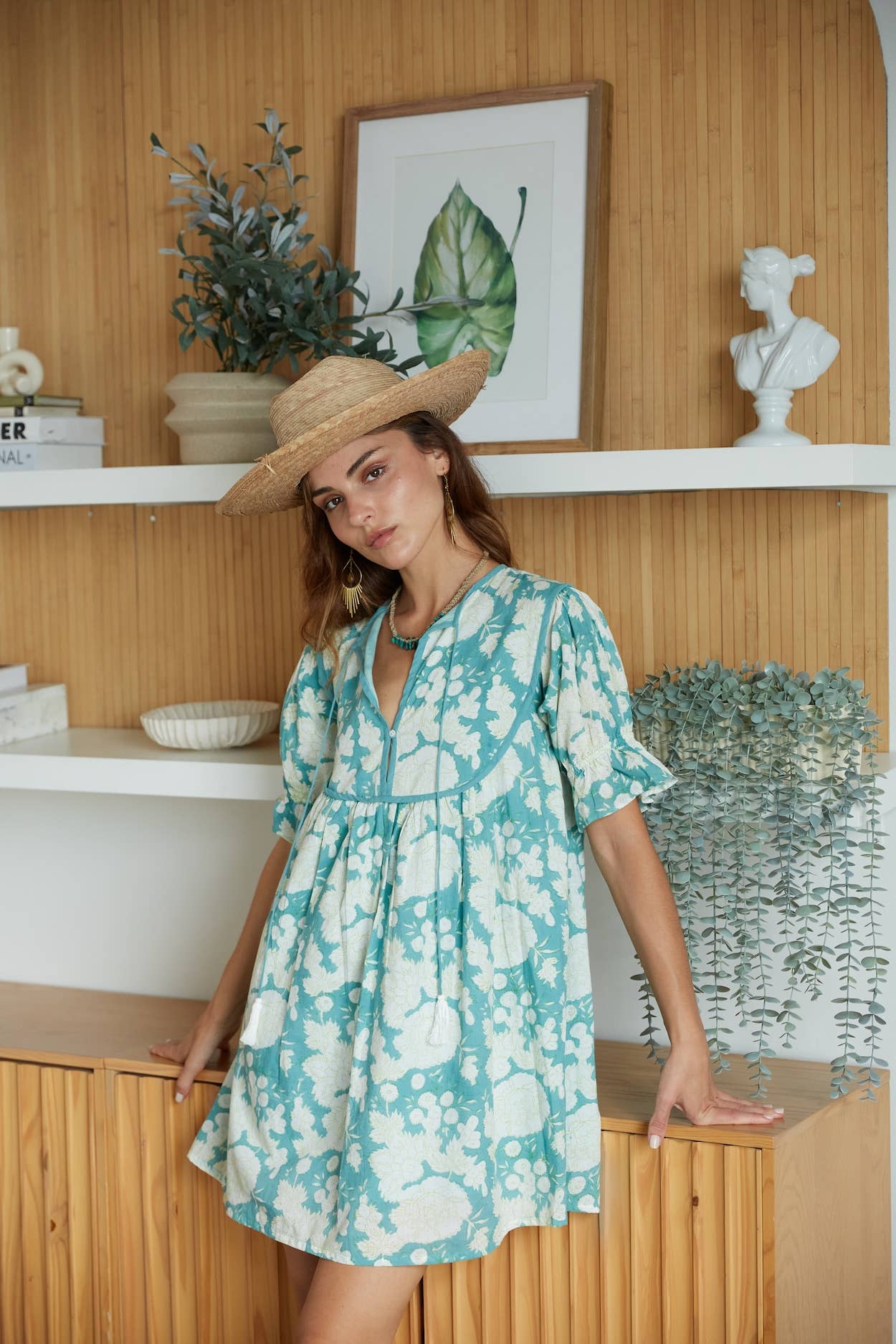 Block Printed Cotton Mini Dress with Puff Sleeves (Nanda)
